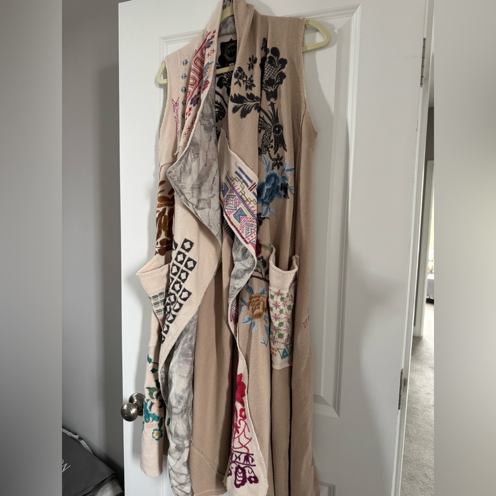 Johnny Was Cream Knit Embroidered Cardigan Vest